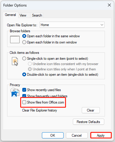 hapus centang pada opsi Lihat file dari Office.com