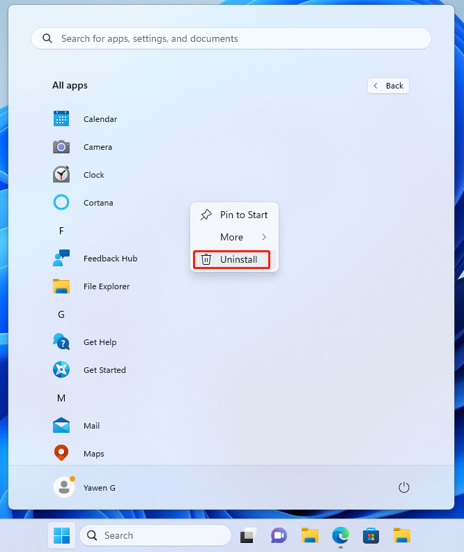 hapus instalan aplikasi bawaan dari menu Start