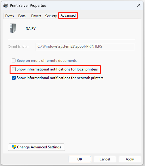 hapus centang Tampilkan pemberitahuan informasi untuk printer lokal