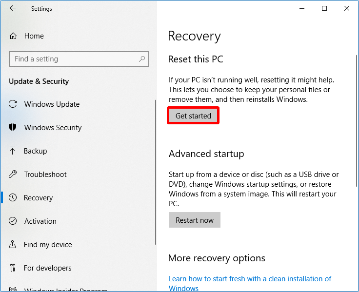 windows 10 reset pc keep files