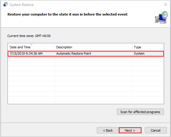 Choose the time to restore your computer to the state it was in the selected event