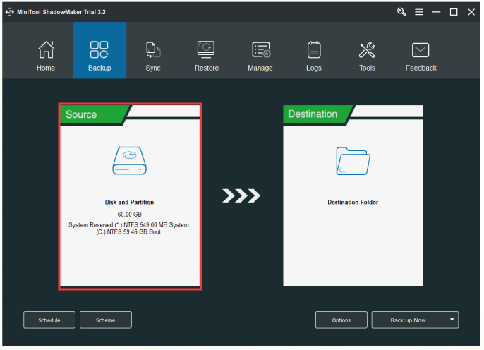 select the system reserved partition and C drive as backup source