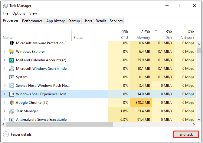 end a process via Task Manager