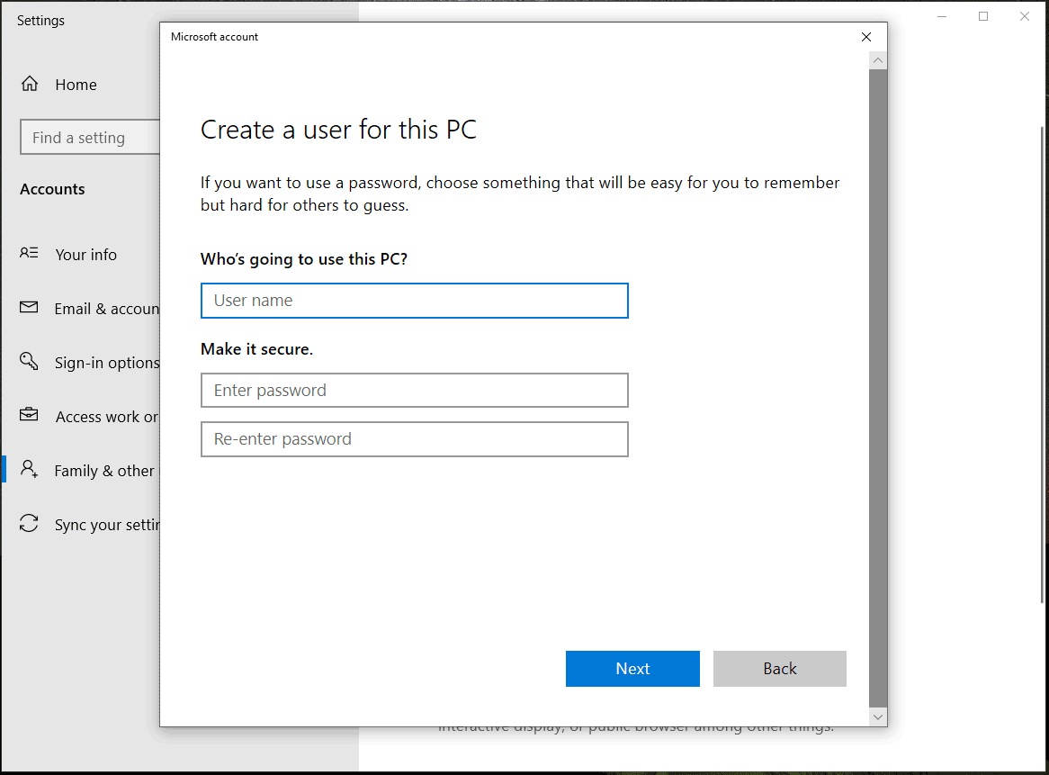 create a new user account Windows 10