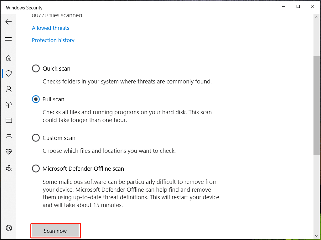 Πλήρης σάρωση των Windows Defender