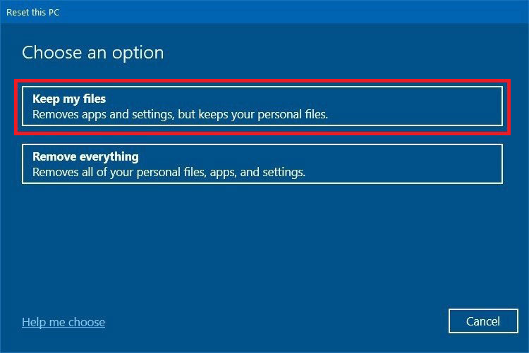 windows 10 reset pc keep files