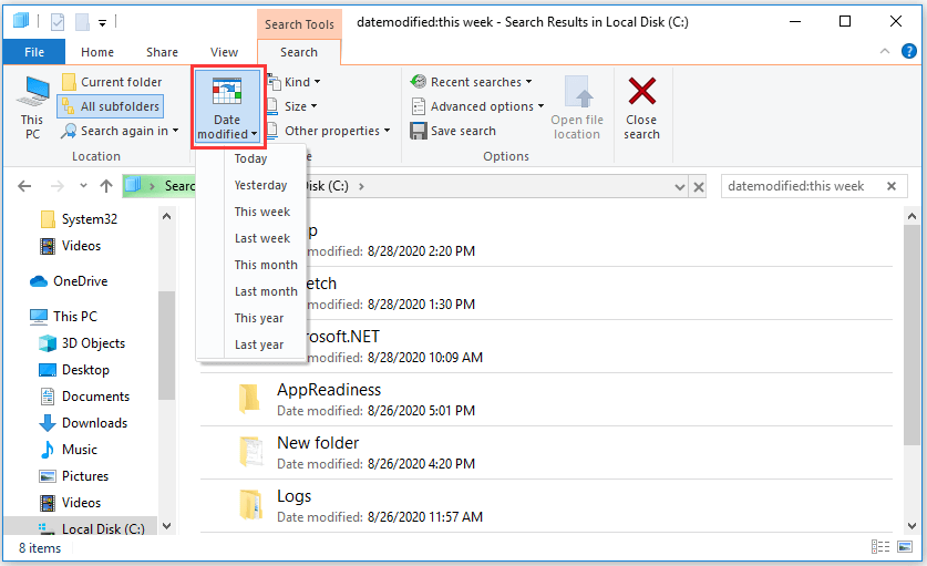find files by date modified windows 10