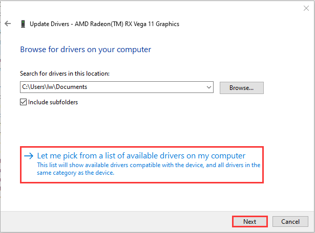 select Let me pick from a list of available drivers on my computer 