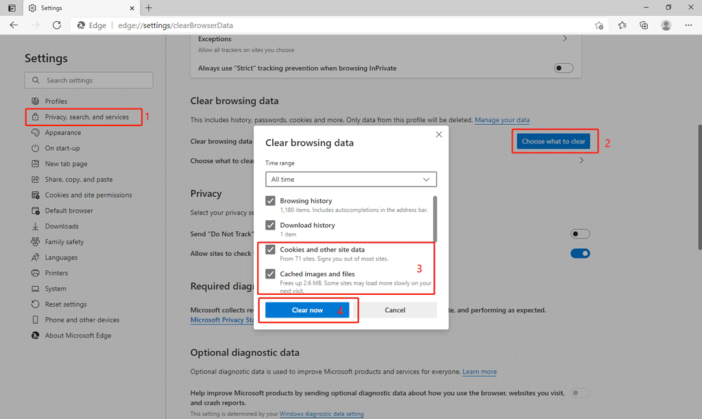 clearing cookies and cache in microsoft edge